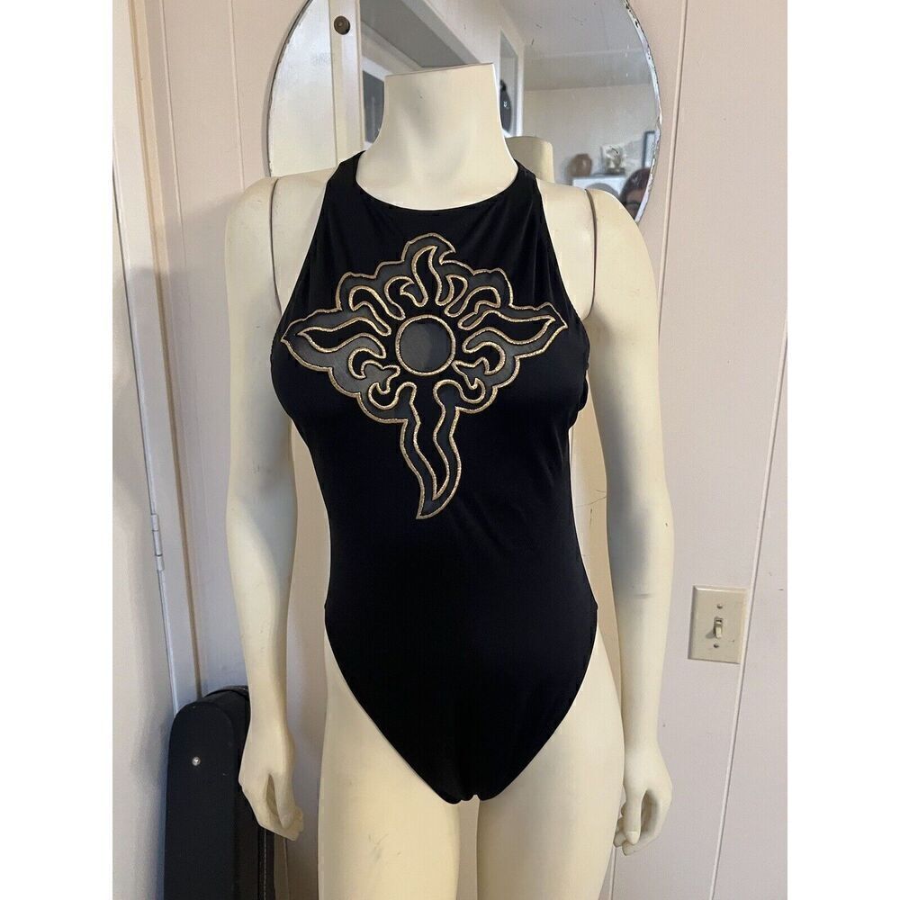 Vintage 1970s DeWeese Womens 12 One Piece Swimsuit Black Sunburst High Neck